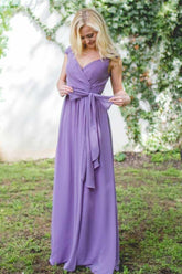 Purple Chiffon V-neck Cap Sleeves Lace Up Long Bridesmaid Dresses