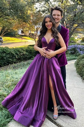 Purple Satin A-line Backless Long Prom Dresses With Slit, Evening Dress