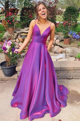 Purple Satin A-line Spaghetti Straps Prom Dresses With Pockets, Party Dress