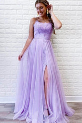 Purple Tulle Lace A-line Backless Prom Dresses With Slit, Evening Dresses