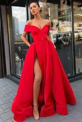Satin A-line Off-the-Shoulder High Split Prom Dresses With Pockets
