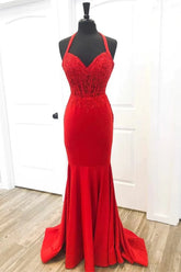 Satin Mermaid Halter Long Prom Dresses With Lace Appliques