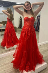 Tulle Strapless Long Prom Dresses, Evening Gown With Lace Appliques
