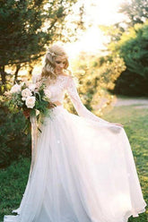 Romantic Ivory Chiffon Two Piece Long Sleeves Wedding Dresses with Lace