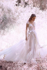 Romantic Tulle Ivory A-line Cap Sleeves Wedding Dresses, Bridal Gown