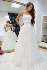 Romantic White A-line Lace Off Shoulder Wedding Dresses, Bridal Gowns