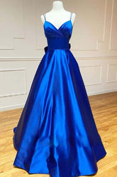 Satin A-line Spaghetti Straps Long Prom Dresses With Bowknot