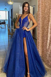 Shiny Tulle A-line V-neck Lace Appliques Long Prom Dresses