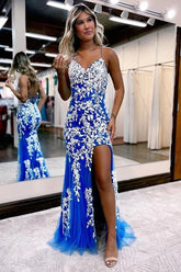 Tulle Mermaid Backless Prom Dresses With Lace Appliques