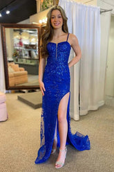 Tulle Mermaid V-neck Spaghetti Straps Prom Dresses With Slit