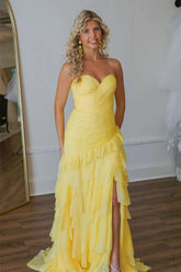 Ruched Ruffle Fitted Yellow Long Prom Dress with Slit
