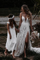 Rustic A-line V-neck Side Slit Lace Beach Wedding Dresses, Bridal Gown