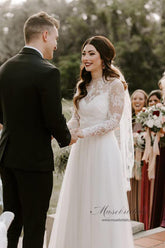 Rustic Bohemian Lace Illusion Neckline Long Sleeves Wedding Dresses