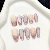 10pcs Handmade Press On Nails Light Purple French Style Cat's Eye False Nails Gentle Flower Designs Wearable Fake Nail Tips