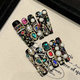 10pcs Handmade Press On Nail Black Long Coffin Light Luxury False Nails For Women Girl Full Of Colorful Diamond Decor Fake Nail