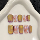 10pcs New Two Color Press On Nails Handmade Glossy Glass Beads Cat's Eye False Nails Shiny Sequins Designs DIY Fake Nail Tips