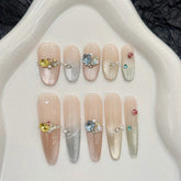 10pcs Colorful French Style False Nails Dopamine Glossy Cat's Eye Fresh Handmade Press On Nails Summer Shiny Diamond Fake Nail