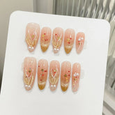 10pcs Shimmery Cat's Eye Handmade False Nails Hand-painted Gold Mermaid Tail Pearl Press On Nails Sweet Girls Almond Fake Nail