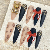 10pcs Leopard Print Press On Nails Gold Bear 3D Red Bowknot Baroque Handmade Fake Nail Heavy Luxury Long Stiletto False Nail Tip