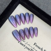 10pcs Glossy Cat's Eye Press On Nails Nude Purple Color Wearable Almond Handmade False Nails Daily Party Manicure For Women