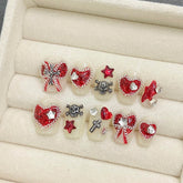 10pcs Sweet Korean Fake Nail Patches Handmade Red Love Heart Bowknots Metal Skull Press On Nails Wearable False Nail Tips Art