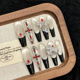 10pcs Spicy Girl Wearable Fake Nails Handmade Bulb Cat's Eye Black French Style False Nail Shiny Rhinetone Press On Nails Coffin