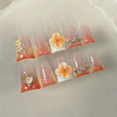 10pcs Handmade Press On Nail Gradient Vitality Orange French Style Fake Nails Y2k Star 3D Carving Flower Decor Summer False Nail