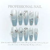 10pcs Gradient Blue Fake Nail Tips Handmade French Style Press On Nails With Flash Chain Rhinestone Decor Wearable False Nails