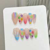 10pcs Hand-painted Color Smile Face False Nails Summer Rainbow Cute Graffiti Handmade Press On Nails French Almond Fake Nail
