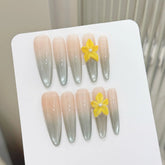 10pcs Handmade Yellow Plumeria Press On Nails Gradient Mint Green French Style False Nails Long Ballerina Wearable Summer Nail