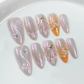 10pcs Aurora French Press On Nails 3D Seashells Pearl Y2k Star Designs Relif Fake Nails Gradient Orange Almond Handmade Manciure