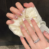 10pcs Fantasy RRose Pink French Style Press On Nails Shimmery Diamond Butterfly Sweet Handmade False Nail Korean Wearable Nails