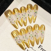 10pcs Handmade Gold False Nails Light Luxuru Press On Nails With Flash Diamond Designs Detachable Long Almond Fake Nail Patches