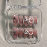 10pcs Blush Pink Fake Nail Patches Handmade Pearl Love Heart Press On Nails Planet Cross Designs Detachable Almond