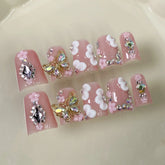 10pcs Pink Short Duckbill Press On Nails Sweet Fresh 3D White Flower Handmade False Nail Gold Metal Buttefly Decor Fake Nails