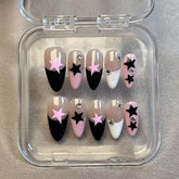 10pcs Handmade Press On Nails Black White Pink French Style False Nails Paches Star Designs Wearable Almond Fake Nail For Women