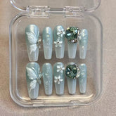 10pcs Blue Green Fake Nail Tips Long Coffin Handmade Press On Nails Butterfly Flower Big Glossy Diamond Designs False Nails