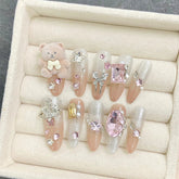 10pcs Handmade Press On Nails Glitter Diamond Butterfly Cute Bear Decor False Nail Tips Wearable French Style Fake Nail Patches