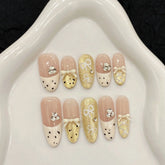 10pcs Handmade Press On Nails Kawaii Almond White French Bowknots Decor Fake Nails Shiny Gold Powder Cat Eye Sweet False Nail