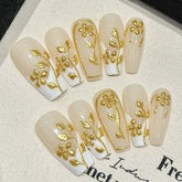 10pcs Handmade Autumn Press On Nails Mid-length Ladder Gold Foil Flower Tips Fake Nail White French Style False Nail For Women
