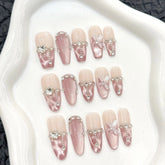 10pcs Handmade Press On Nails Crystal Butterfly Glossy Dimoand Decor False Nail Clear Cat Eye Sweet Pink French Style Fake Nails
