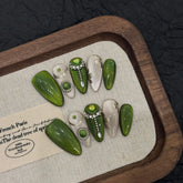 10pcs Handmade Press On Nails Green Cat's Eye Summer Fresh Fake Nail Tips Shiny Diamond Decor Light Luxury False Nail For Girls