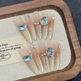 10pcs Long Ballet Press On Nails Glitter Champagne Gold French Blush Cat's Eye Handmade Fake Nails Flash Diamond False Nail Tips