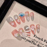 10pcs Blush Pink False Nail Patches Handmade Almond Press On Nails With 3D Snake Peach Flower Decor Korean Style Fake Nails Art