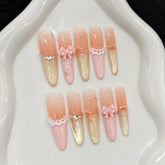 10pcs Shimmry Gold Cat's Eye Press On Nails Peach Pink French Pearl Skirt Hem Bowknots Handmade False Nail Long Almond Fake Nail