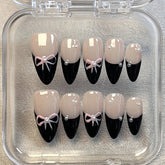 10pcs Black French False Nails Bowknots Designed Handmade Press On Nail Glossy Short Almond Wearable Fake Nail Patches Salon Art