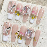 10pcs White French Handmade False Nails Gentle Pink Long Coffin Fake Nail Tips 3D Tulip Flower Glossy Diamond Press On Nails