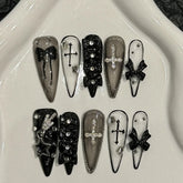 10pcs Handmade Press On Nails Dark Black Long Stiletto 3D Bowknots Rhinestone Decor False Nails Sweet Cool Manicure For Women