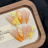 10pcs Vitality Orange French Handmade Press On Nails 3D Carving Egg Flower Designs False Nail Long Ballet Summer Fake Nail Tips
