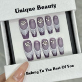 10pcs Handmade Press On Nails Purple Frosted Snown Shape Diamond Decor False Nails Miedium T French Style Fake Nail Patches